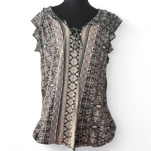 Lucky Brand Top 1X Womens Black White Floral Flutter Sleeve Lace Up Boho Blouse